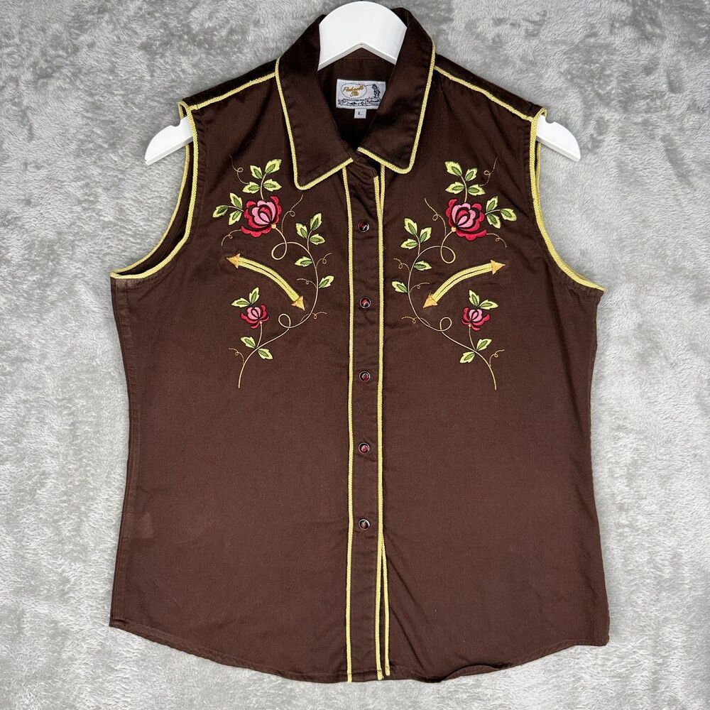 Panhandle Slim Sleeveless Shirt Women Large Retro Floral Embroidery Snap Western
